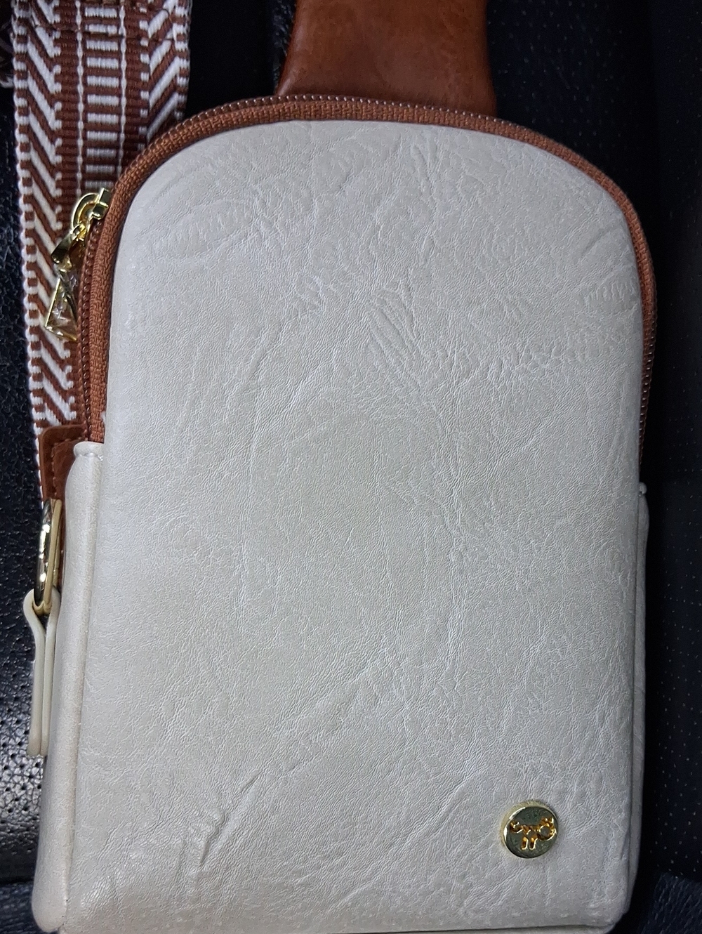 Cream Leather Crossbody Phone Bag with Brown Trim